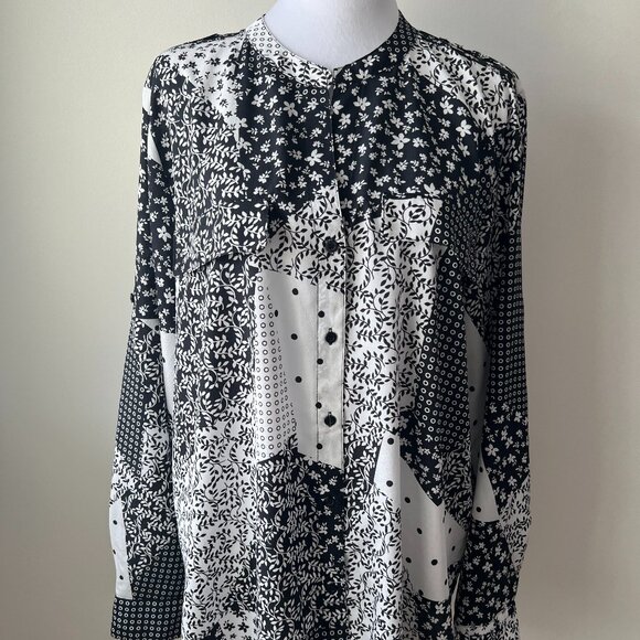 🖤Calvin Klein Women's XL Patchwork Print -button down Relaxed Shirt black White - Picture 1 of 13
